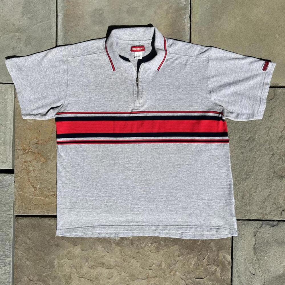 Vintage Y2K Grey + Red Colorblock Stripe Zip Polo
